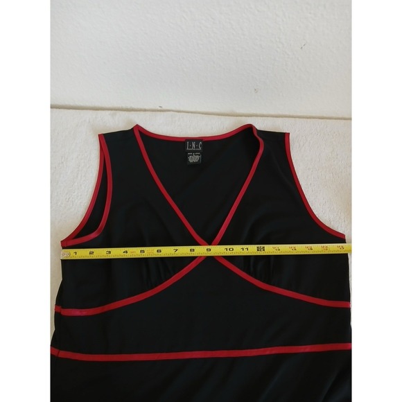 INC Womens Black Red Trim Midi Dress Asymmetrical Ruffle Hem Y2K Style Size L - Picture 13 of 15